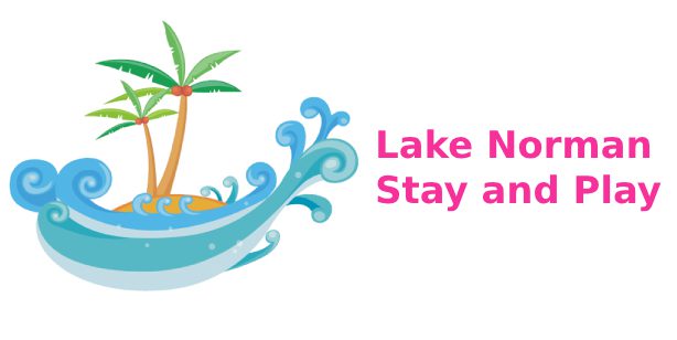 A cartoon of a palm tree and waves with the words " lake norman stay at home ".